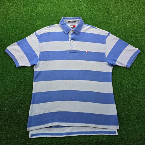 Tommy Hilfiger Polo Shirt Mens Large Blue Striped Golf Preppy Summer Casual - Picture 1 of 8